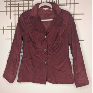 J Jill Corduroy Embroidered Blazer Jacket Burgundy Women's Sz 4 Boho Festival
